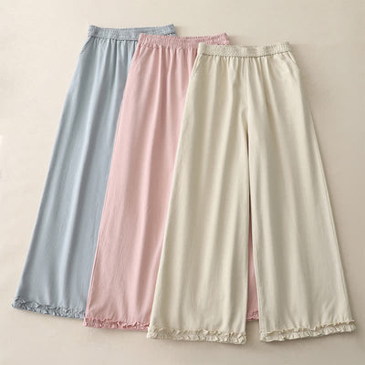 Buddha Stones Spring Casual Solid Cotton Ruffle Hem Women's Wide Leg Pants With Pockets - image 19