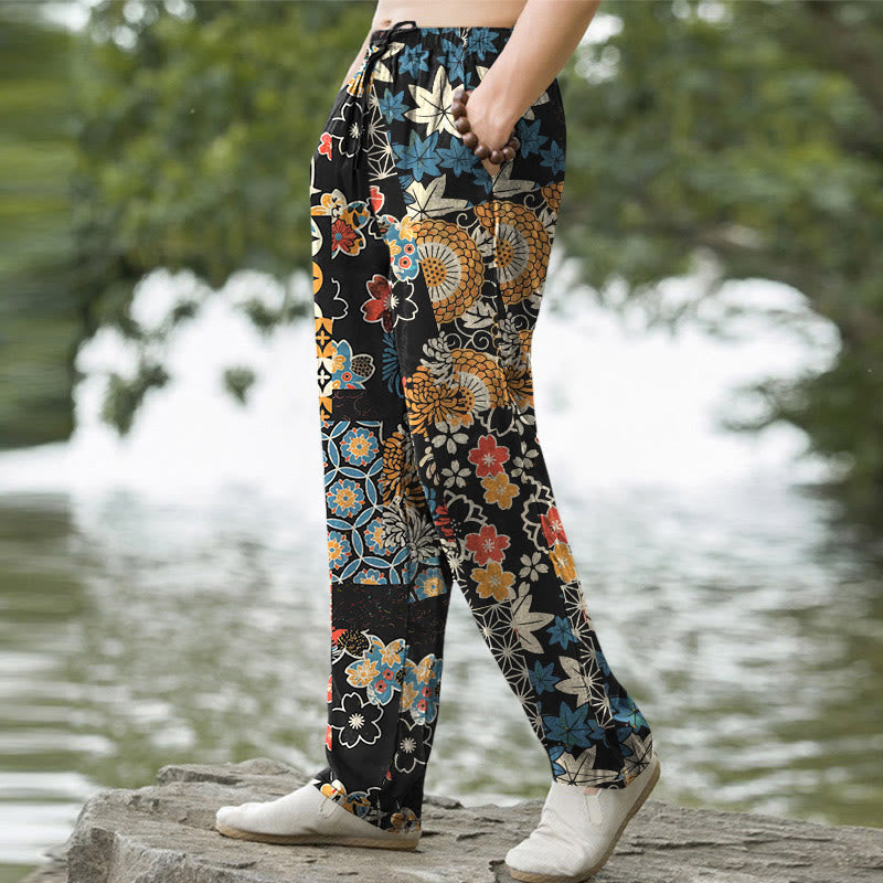 Buddha Stones Cotton Bohemian Floral Patchwork Pattern Men's Tapered Pants With Pockets - image 1