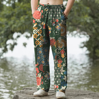 Buddha Stones Cotton Bohemian Floral Patchwork Pattern Men's Tapered Pants With Pockets - ForestGreen - US/UK/AU50，EU60 (5XL) - image 4