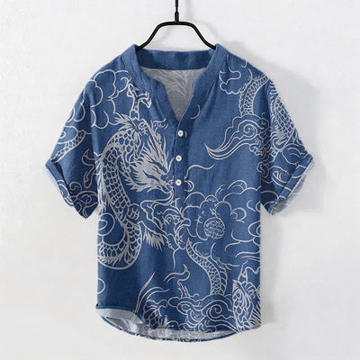 Buddha Stones Cotton White Dragon Cloud Pattern Men's Short Sleeve Half Button Shirt - SteelBlue - US/UK/AU50，EU60 (5XL) - image 0