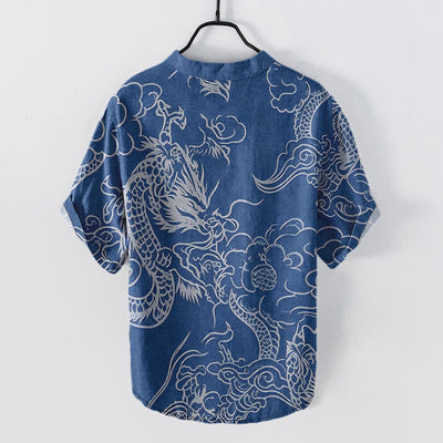 Buddha Stones Cotton White Dragon Cloud Pattern Men's Short Sleeve Half Button Shirt - image 1