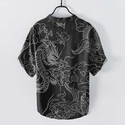 Buddha Stones Cotton White Dragon Cloud Pattern Men's Short Sleeve Half Button Shirt - image 8