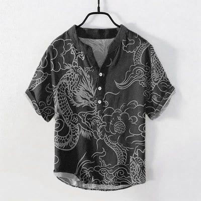 Buddha Stones Cotton White Dragon Cloud Pattern Men's Short Sleeve Half Button Shirt - Black - US/UK/AU50，EU60 (5XL) - image 7