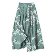 Foviel Cotton Linen White Sakura Branch Pattern Women's Elastic Waist Wide Leg Pants With Pockets