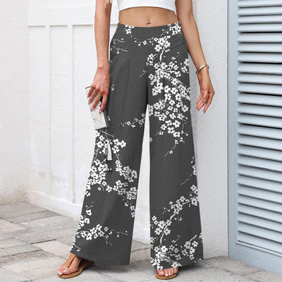 Buddha Stones Cotton Linen White Sakura Branch Pattern Women's Elastic Waist Wide Leg Pants With Pockets - image 7