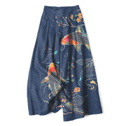 Foviel Cotton Linen Koi Fish Floral Pattern Women's Elastic Waist Wide Leg Pants With Pockets