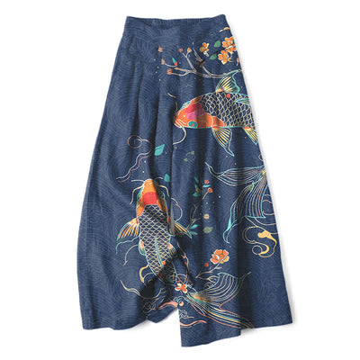 Buddha Stones Cotton Linen Koi Fish Floral Pattern Women's Elastic Waist Wide Leg Pants With Pockets - Navy - US16，UK/AU20，EU48 (3XL) - image 4
