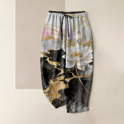 Buddha Stones Pure Cotton Lotus Ink Wash Pattern Women's Elastic Waist Pants With Pockets - Black - US16，UK/AU20，EU48 (3XL) - image 0