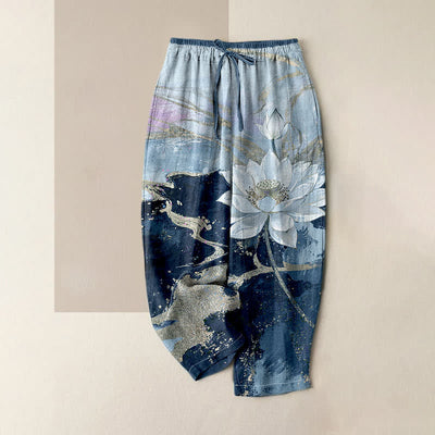 Buddha Stones Pure Cotton Lotus Ink Wash Pattern Women's Elastic Waist Pants With Pockets - SteelBlue - US16，UK/AU20，EU48 (3XL) - image 4