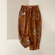 Foviel reine Baumwolle Bohemian Floral Vogelmuster Damen elastische Taille Hosen mit Taschen
