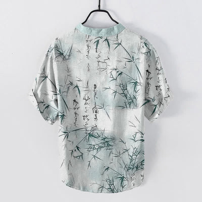 Buddha Stones Cotton Ink Bamboo Calligraphy Pattern Men's Short Sleeve Half Button Shirt - image 1