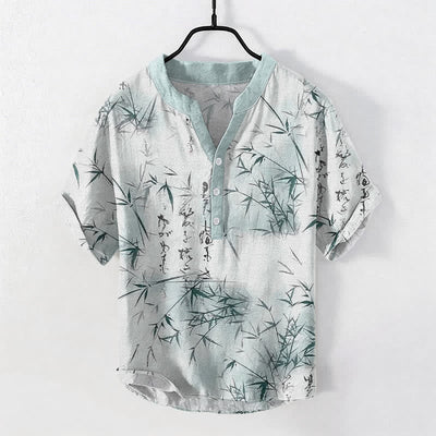 Buddha Stones Cotton Ink Bamboo Calligraphy Pattern Men's Short Sleeve Half Button Shirt - PaleTurquoise - US/UK/AU50，EU60 (5XL) - image 0