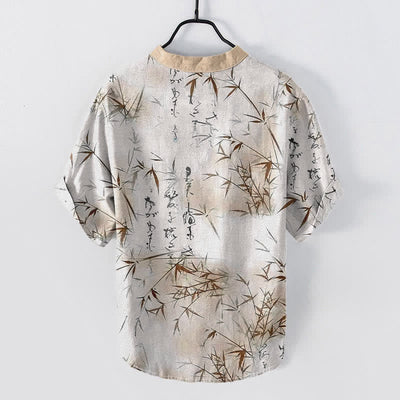 Buddha Stones Cotton Ink Bamboo Calligraphy Pattern Men's Short Sleeve Half Button Shirt - image 6