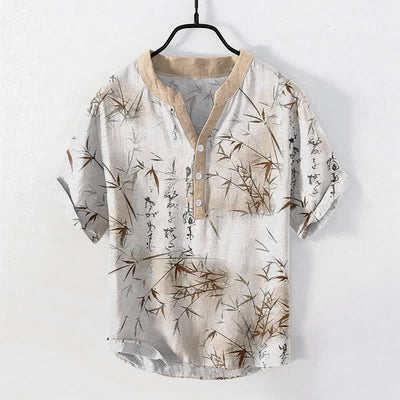 Buddha Stones Cotton Ink Bamboo Calligraphy Pattern Men's Short Sleeve Half Button Shirt - Linen - US/UK/AU50，EU60 (5XL) - image 5