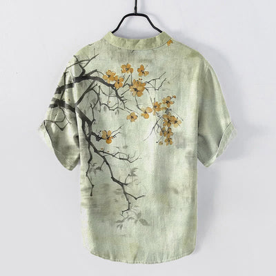 Buddha Stones Cotton Plum Blossom Branch Pattern Men's Short Sleeve Half Button Shirt - image 4