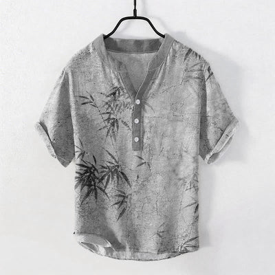 Buddha Stones Cotton Ink Bamboo Leaf Pattern Men's Short Sleeve Half Button Shirt - LightGrey - US/UK/AU50，EU60 (5XL) - image 5