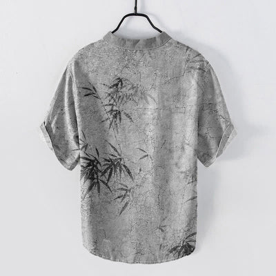 Buddha Stones Cotton Ink Bamboo Leaf Pattern Men's Short Sleeve Half Button Shirt - image 6