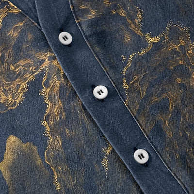 Buddha Stones Cotton Golden Mountain Pine Pattern Men's Short Sleeve Half Button Shirt - image 3