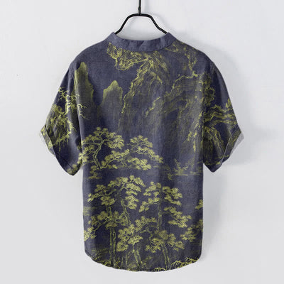 Buddha Stones Cotton Golden Mountain Pine Pattern Men's Short Sleeve Half Button Shirt - image 6