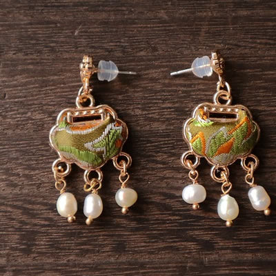 Buddha Stones Song Brocade Handcrafted Silk Art Peace Lock Pearl Protection Drop Earrings - image 3