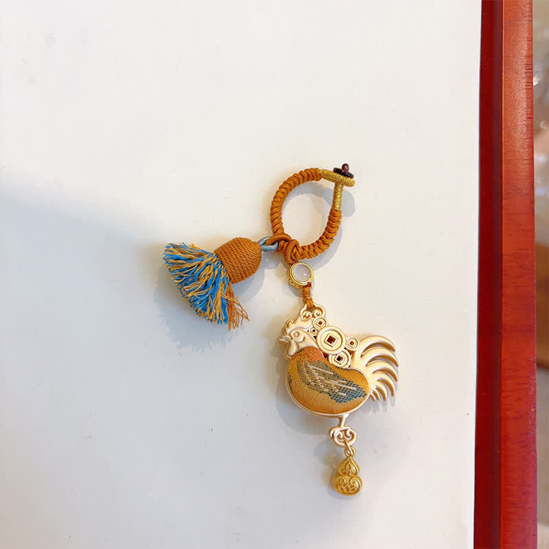 Buddha Stones Song Brocade Handmade Chinese Zodiac Tassel Lucky Keychain - Rooster - Yellow - Song Brocade (Prosperity♥Harmony) - image 34