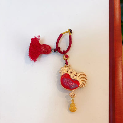 Buddha Stones Song Brocade Handmade Chinese Zodiac Tassel Lucky Keychain - Rooster - Red - Song Brocade (Prosperity♥Harmony) - image 33