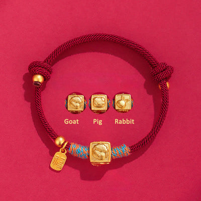 Buddha Stones Handmade Red String Chinese Zodiac Luck Fu Charm Bracelet - 999 Silver Goat Pig Rabbit Three Harmonies Red Bracelet - Silver(Blessing♥Calm) - image 0