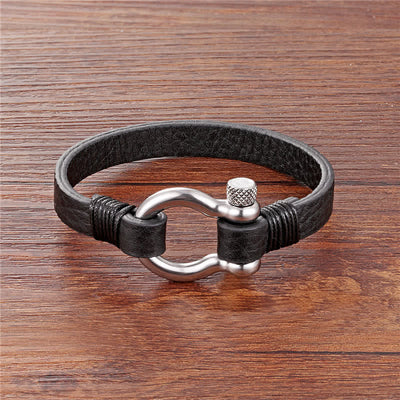 Buddha Stones Leather Titanium Steel Shackle Strength Bracelet - Black Leather Silvery Buckle(Wrist Circumference:18–19 cm) - image 3