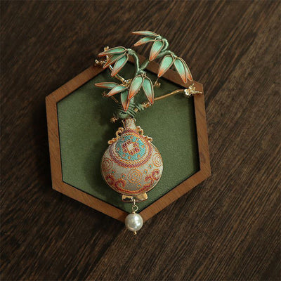 Buddha Stones Song Brocade Bamboo Leaves Vase Design Balance Brooch - image 0