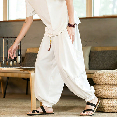 Buddha Stones Summer Casual Vintage Drawstring Solid Ankle Length Pants Men's Harem Pants With Pockets - WhiteSmoke - US/UK/AU46，EU56 (5XL) - image 14