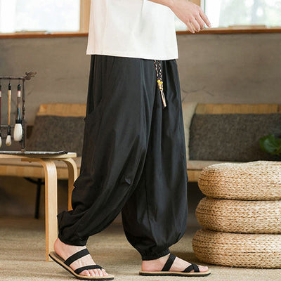 Buddha Stones Summer Casual Vintage Drawstring Solid Ankle Length Pants Men's Harem Pants With Pockets - image 4