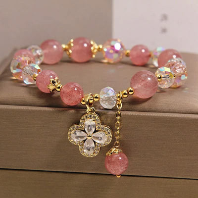 Buddha Stones Strawberry Quartz Clover Love Beaded Tassel Bracelet - image 2