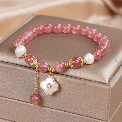 Buddha Stones Strawberry Quartz Pearl Shell Four-Leaf Clover Love Round Bead Bracelet - image 3