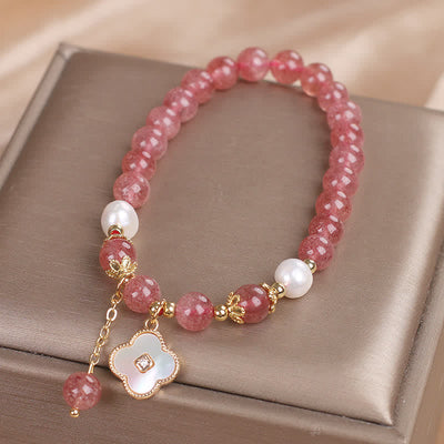 Buddha Stones Strawberry Quartz Pearl Shell Four-Leaf Clover Love Round Bead Bracelet - image 7