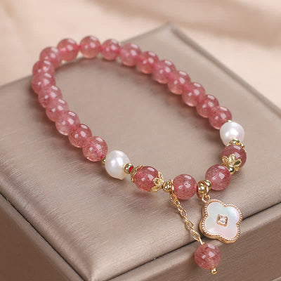Buddha Stones Strawberry Quartz Pearl Shell Four-Leaf Clover Love Round Bead Bracelet - image 6
