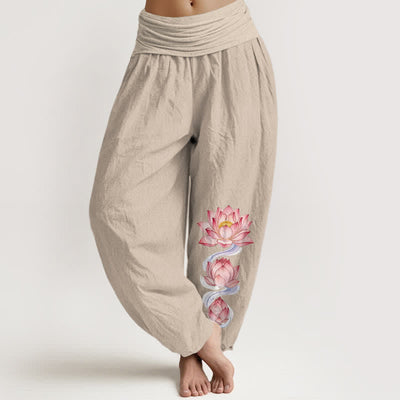 Buddha Stones Pure Cotton Pink Lotus Pattern Women's Elastic Waist Harem Pants - Linen - US16，UK/AU20，EU48 (3XL) - image 11