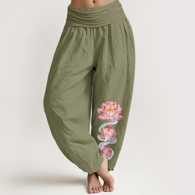 Buddha Stones Pure Cotton Pink Lotus Pattern Women's Elastic Waist Harem Pants - OliveDrab - US16，UK/AU20，EU48 (3XL) - image 14