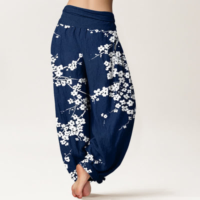 Buddha Stones Pure Cotton White Blossom Branch Pattern Women's Elastic Waist Harem Pants - image 1