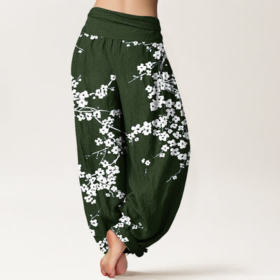 Buddha Stones Pure Cotton White Blossom Branch Pattern Women's Elastic Waist Harem Pants - image 6