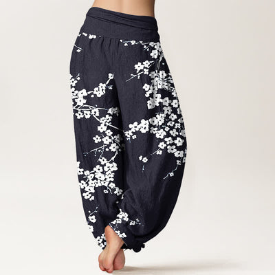 Buddha Stones Pure Cotton White Blossom Branch Pattern Women's Elastic Waist Harem Pants - image 9