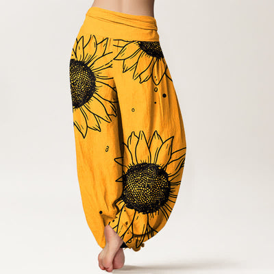 Buddha Stones Pure Cotton Sunflower Bloom Pattern Women's Elastic Waist Harem Pants - image 1