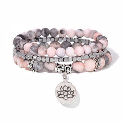 Buddha Stones Zebra Jasper Lotus Triple Wrap Enlightenment Beaded Bracelet - image 1