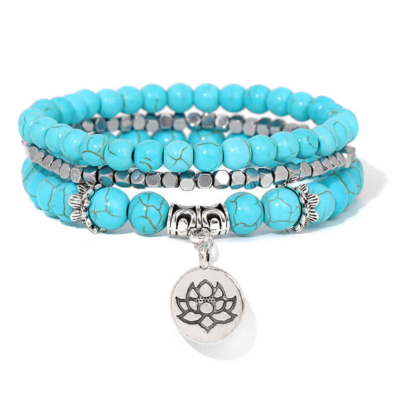 Buddha Stones Zebra Jasper Lotus Triple Wrap Enlightenment Beaded Bracelet - Turquoise(Protection ♥ Communication) - image 8