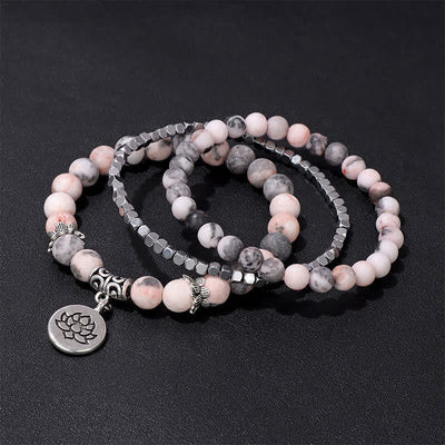 Buddha Stones Zebra Jasper Lotus Triple Wrap Enlightenment Beaded Bracelet - image 2