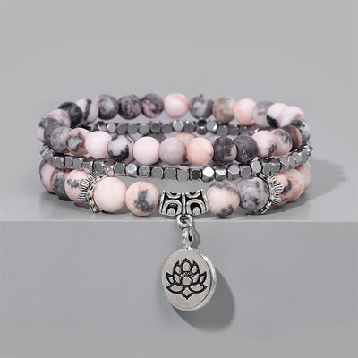 Buddha Stones Zebra Jasper Lotus Triple Wrap Enlightenment Beaded Bracelet - image 3