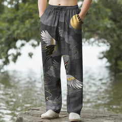 Buddha Stones Cotton White Crane Chasing The Sun Pattern Men's Tapered Pants With Pockets - DimGray - US/UK/AU50，EU60 (5XL) - image 0