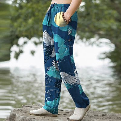 Buddha Stones Cotton White Crane Chasing The Sun Pattern Men's Tapered Pants With Pockets - image 5