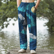 Foviel Cotton White Crane Chasing The Sun Pattern Men's Tapered Pants With Pockets