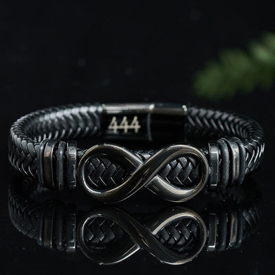 Buddha Stones Infinity Design 444 Angel Number 888 Angel Number Titanium Steel Leather Strengthen Bracelet - 444 Angel Number(Wrist Circumference 16-18cm) - image 0