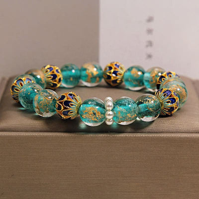 Buddha Stones Liuli Glass Bead Gold Leaf Cloisonné Purity New Chinese Round Bracelet - Peacock Blue - Glass (Clarity♥Focus) - image 0
